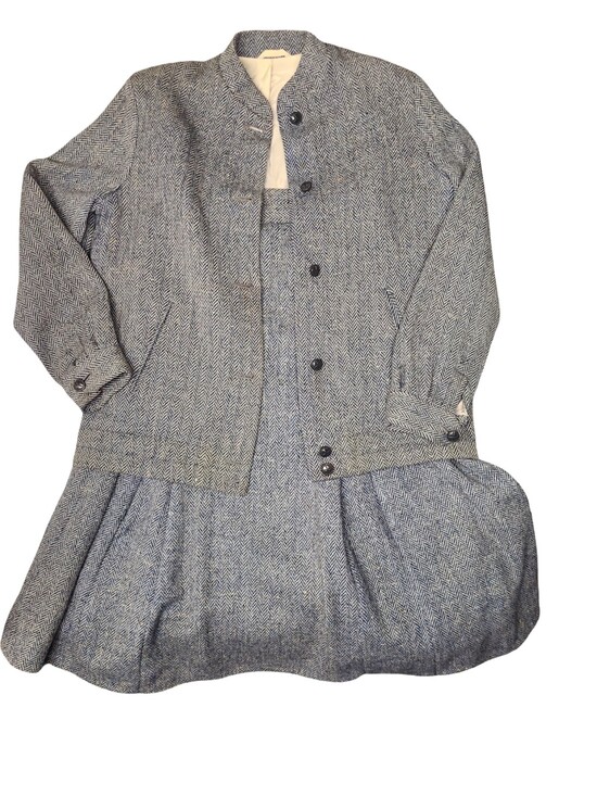 Dormeuil Dresses & Skirts - Dormeuil Vintage 60s Steel Blue Herringbone Wool Skirt Suit - 2pc Tweed Mod Set